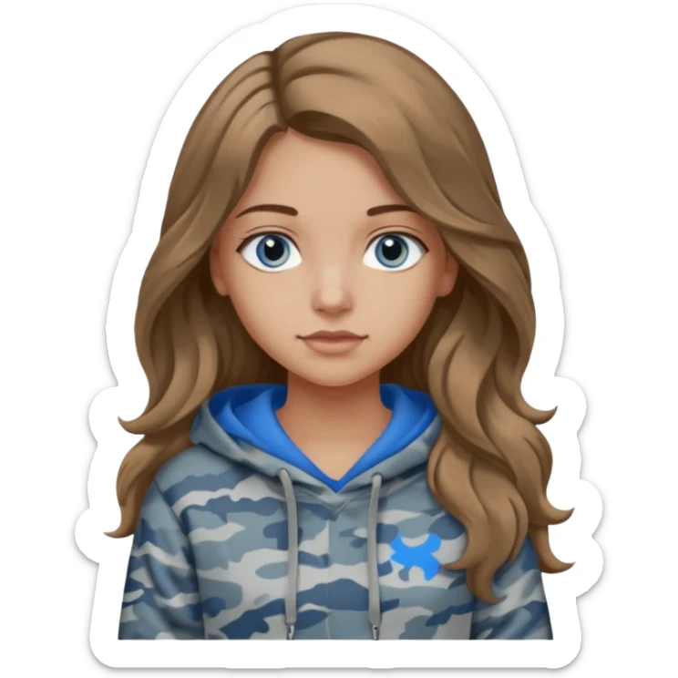 Girl with long wavy light brown hair, blue eyes , medium skin tone, wearing a gray camo hoodie  giving this 🤷🏼‍♀️ sticker