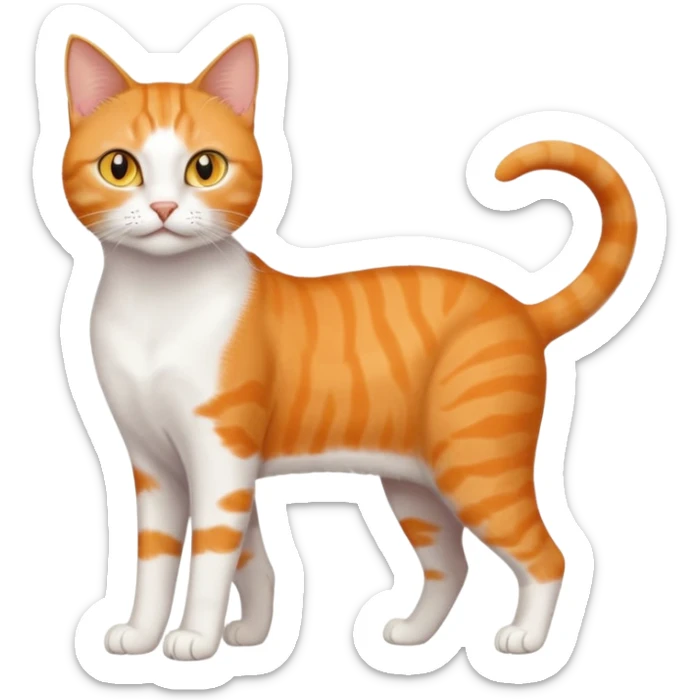 full body realistic orange domestic shorthair slim cat with yellow/orange eyes paw being white and the other being half sticker
