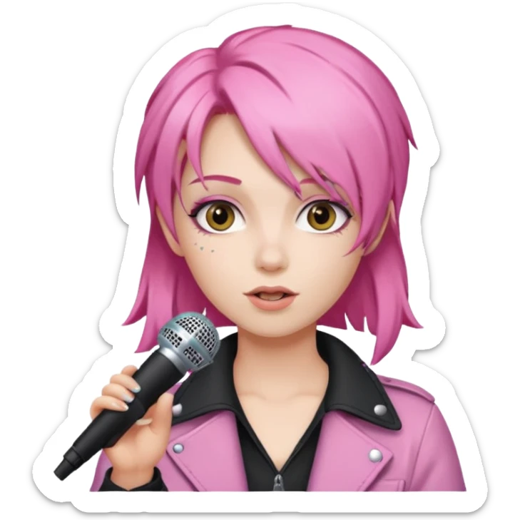 simple emoji of Jem from Jem and the Holograms, classic pink hair, holding a microphone sticker