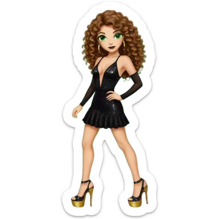 green eyes brown long curly hair woman, cartel boss with 7 inch platform stripper high heels black glitter dress, Los Angeles Spanish style black outfit sticker