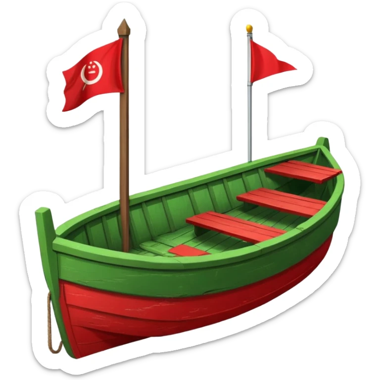 green boat in cartoon having a small place to live and a small red flag on it sticker