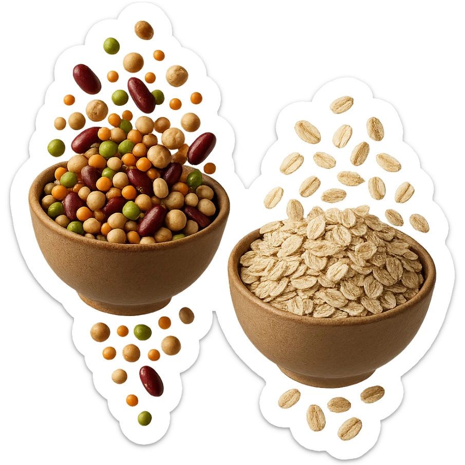 BOWL DI LEGUMI FLUTTUA IN ARIA INSIEME A BOWL DI FIOCCHI DI AVENA,  iperrealistico 4k sticker