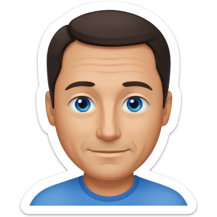 Middle aged man with tanned skin, receding dark hair and no beard, blue eyes, shy smile sticker