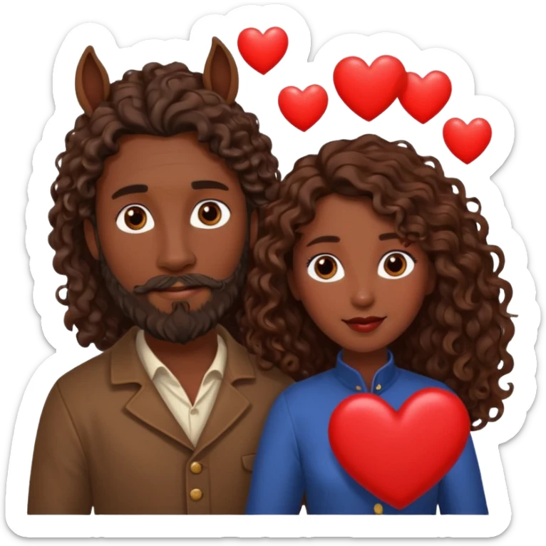 pareja de Mujer morena rizada cabello largo castaño ojos oscuros y hombre piel blanca con caballo oscuro con barba y ojos marron alrededor de la pareja corazones sticker