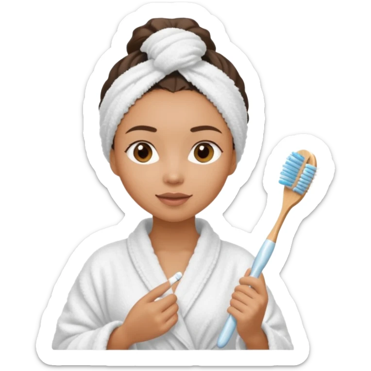 lightskin Women wearing shower robe and their hair with towel holding one brush sticker