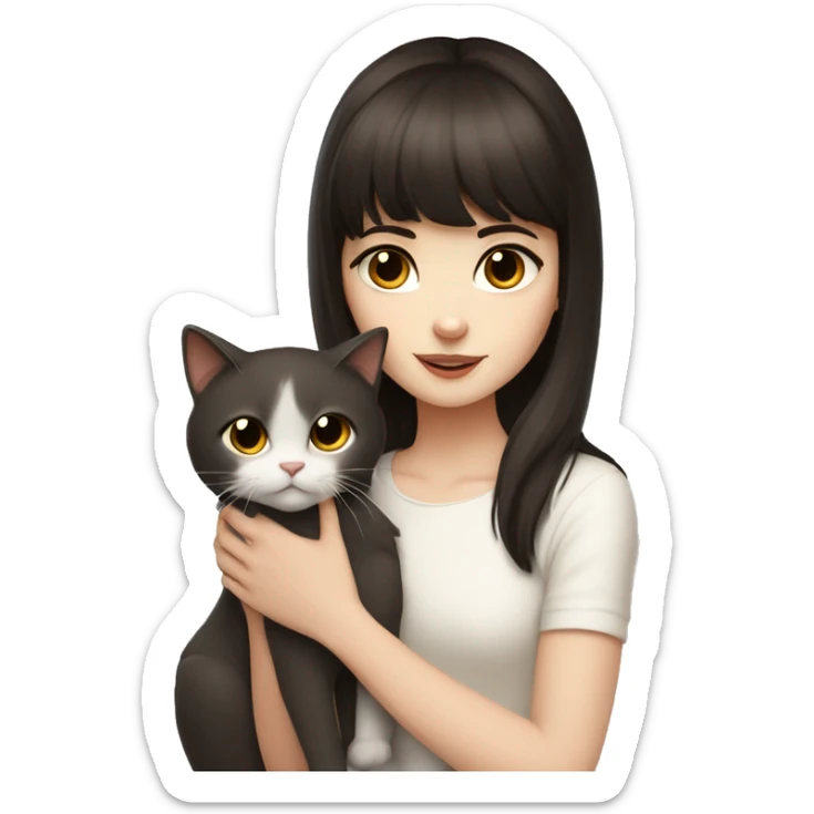 A pale girl with dark brown hair and dark brown eyes and bangs holds a white cat in her hands and looks at cat sticker