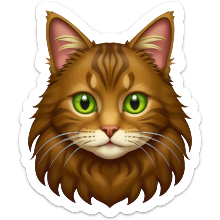 je veux un emoji chat main coon marron foncé  à poil long avec les yeux vert jaunes, je veux qu’il soit en entier assis stp  sticker