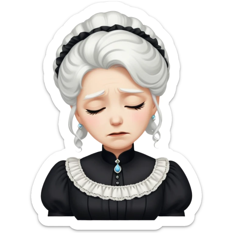 A Victorian woman with elegant coiffed white hair wearing a modest black mourning dress sobbing with tears streaming down her face sticker