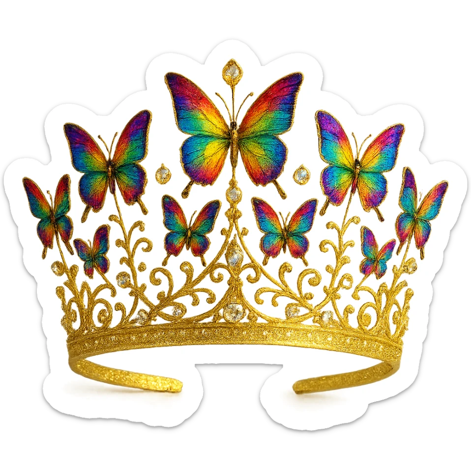 butterfly crown in shimmering gold with rainbow butterflies and crystal accents, radiant and regal sticker