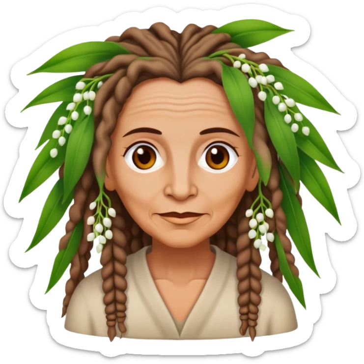 older woman with a tan, brown eyes, her hair and dreadlocks are made from lily of the valley sticker
