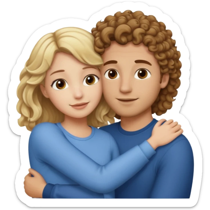 blonde girl with straight hair and medium toned guy with brown curly hair hugging sticker