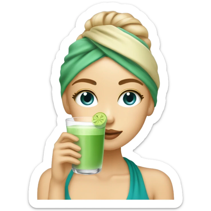 Cute girl with towel drinking matcha from a glass with a straw and and a skincare face mask with dirty blonde hair and grey blue eyes sticker