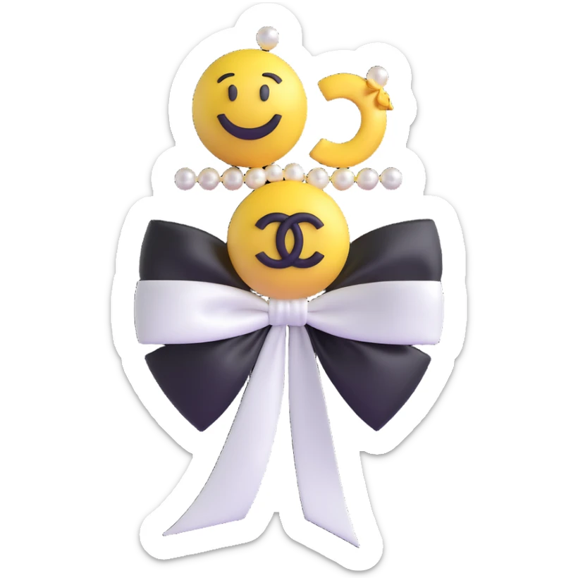 Change the bow to a satin ribbon bow, keep pearls and gold Chanel logo, elegant, glossy, black and white, 3D emoji style. sticker