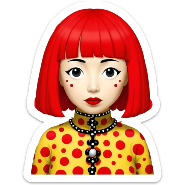 Yayoi Kusama – Cinematic Realistic Portrait of Yayoi Kusama, depicted as an avant-garde artist with an eccentric, captivating expression surrounded by her iconic polka dot patterns, rendered with vivid textures and imaginative lighting that evokes her unique, surreal creative world. sticker