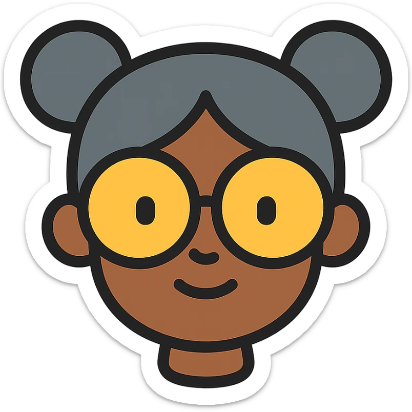 african american girl head with oversize glasses and gray hair in bunches, color outline icon sticker
