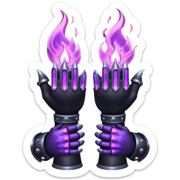 A Discord emoji of a pair of black armored gauntlets holding a flickering violet flame. The hands are positioned as if offering a gift. Dark gothic fantasy, glowing magical effects, high contrast, 2D vector style, white background. sticker