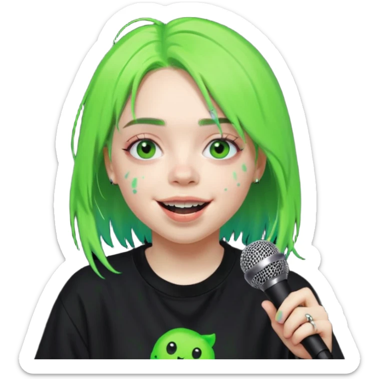 billie eilish is singing, holding mirco and smile, die hair neon lime sticker