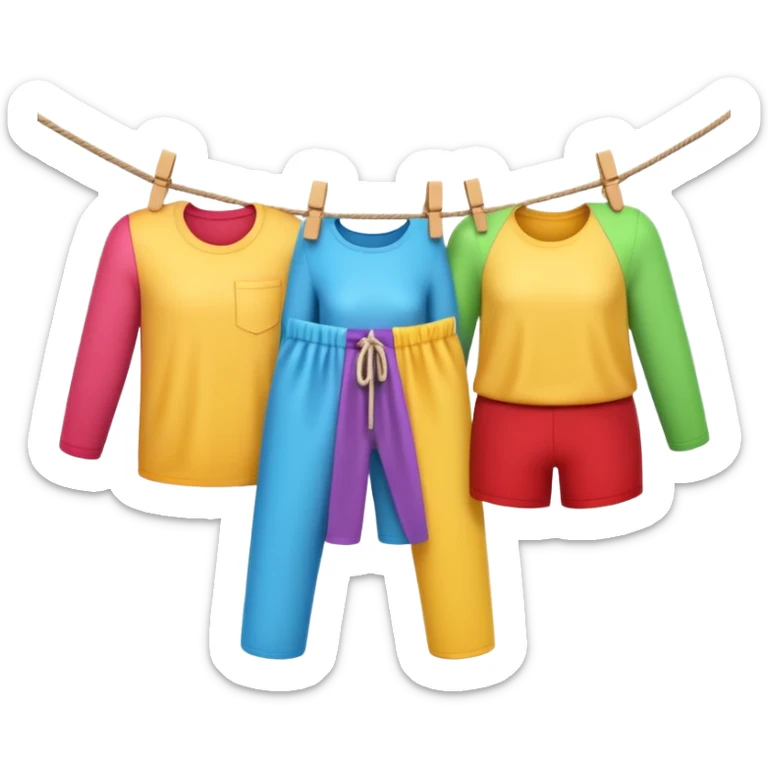 Apple-style 3D emoji showing two human hands hanging colorful clothes on a clothesline with clothespins, only hands, part of the rope, and laundry visible, bright cheerful atmosphere, clean white background, soft lighting



 sticker