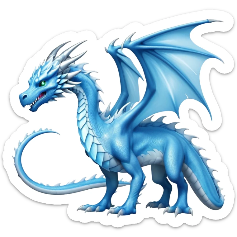 Cinematic Noble Fierce Ice Dragon full body Emoji, Poised and imposing, distinct long elegant snout, with a slender, scaled body shimmering in glacial hues of icy blue, frostbitten silver, and crystalline white, breathing out frost, with piercing, glowing eyes that radiate the chilling depths of an arctic storm; rendered in detail. displaying its wings sticker