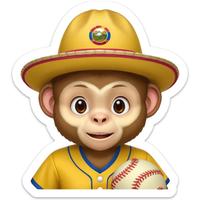 Crear una mascota que sea un mono capuchino sobre el cual predomine el color café, cara clara y expresiva, alegre, atlético, que lleve uniforme de softbol que diga Colombia, con un sombrero vueltiao' un poco inclinado que se vea personalizado con el nombre YAIFER sticker