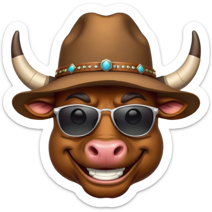 smiling bull head with prominent horns, dark sunglasses, and cowboy hat sticker