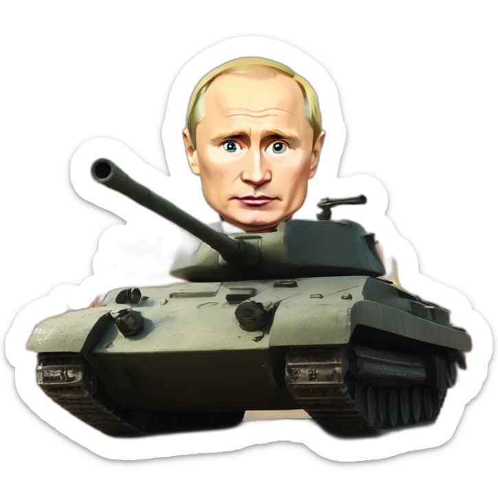 sad vladimir putin in burning wooden t34 tank firing banana ammo sticker