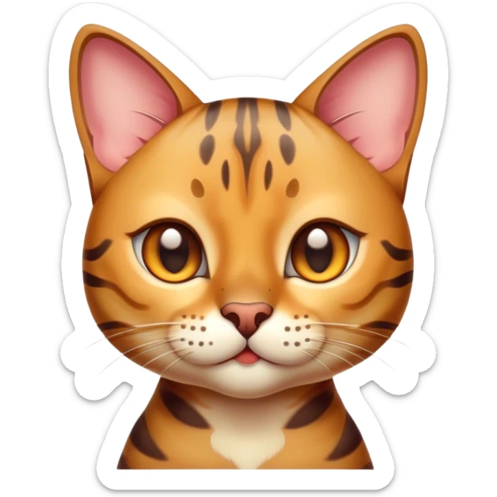 Cinematic Cute Bengal Cat Portrait Emoji, Playful and charming, sleek spotted brown and gold tones, Simplified yet adorable features, highly detailed, glowing with a warm, friendly glow, high shine, curious and affectionate, stylized with a touch of whimsy, head tilted in a playful and inquisitive manner, soft glowing outline, capturing the essence of a mischievous yet loving kitten, so endearing it feels like it could pounce out of the screen and play! sticker