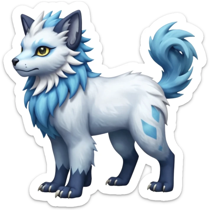Icy fuzzy glacial glistening glossy smooth soft flaky scaly furry flurry hyper-realistic cozy boreal boreal-lupus-Lunaray-Manectric-Absol-Luxray-Bobcat-Fakémon-fusion-animal-creature, full body  sticker