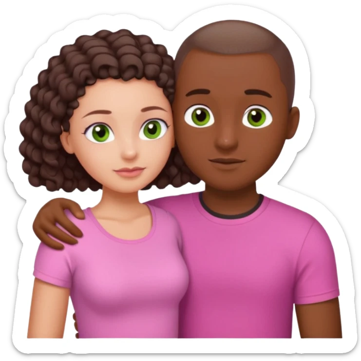 couple cuddling. Girl with dark skin, brown eyes, waist length long curly hair, wearing a pink top. Guy with white skin, green eyes buzz cut, in a white T-shirt.  sticker