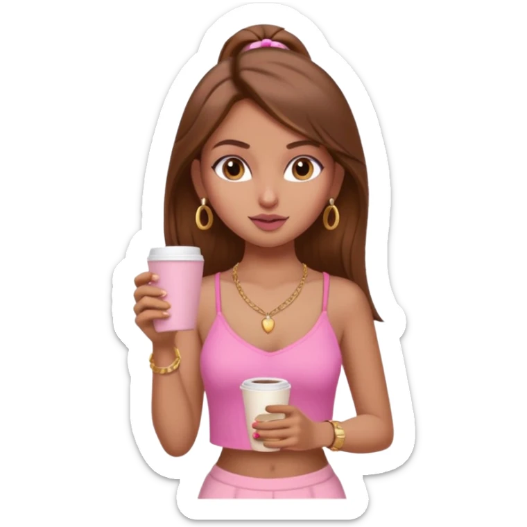a pretty fair indian bratz girl with brown hair. with a pink cami top, drinking takeaway brown coffee, golden dainty necklace and carrying a white macbook sticker