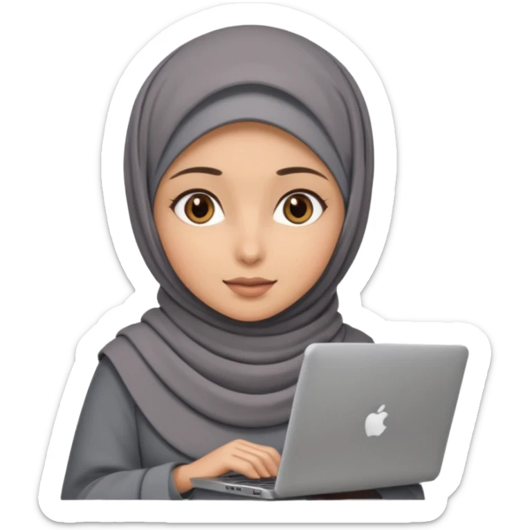 A girl wearing a gray hijab and with hazel eyes is carrying a laptop, not a laptop, just a regular laptop. sticker