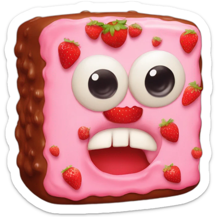 square cake with two strawberry eyes one bigger than the other, a mouth with frosting above it sticker