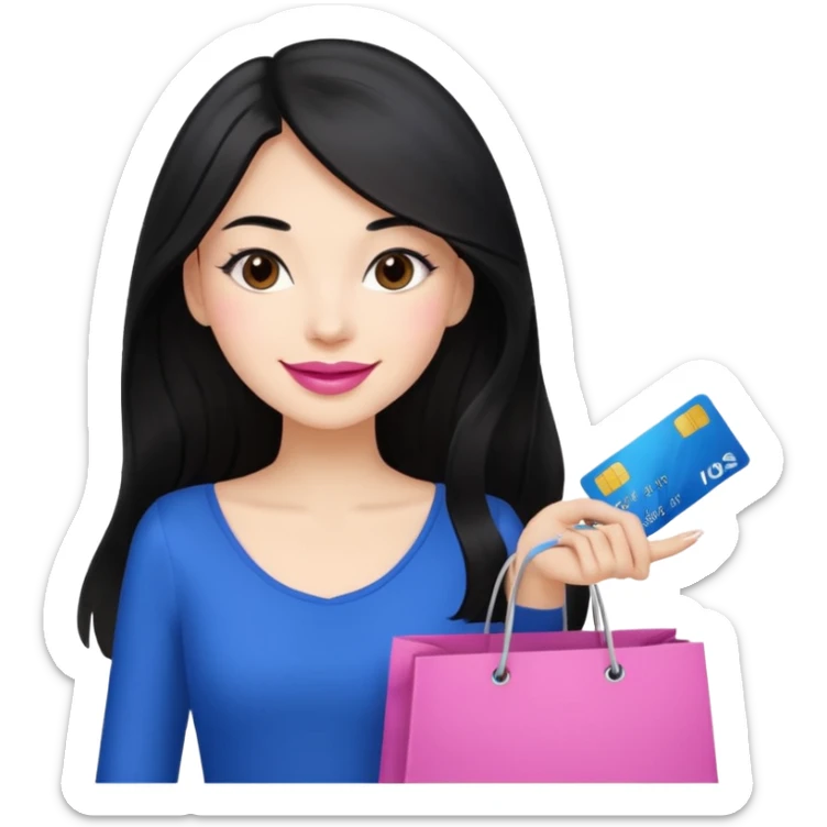 Girl with long black hair, pink lipstick, brown eyes holding shopping bags and blue credit card sticker
