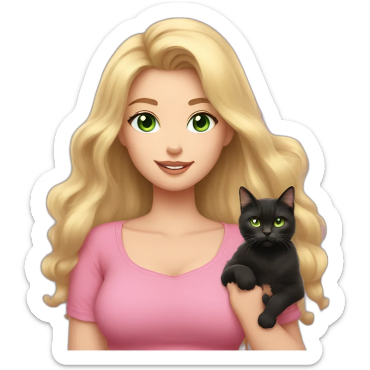 woman with green eyes and long wavy blonde hair and big boobs in a pink shirt is holding a very fluffy and fat black and tortoiseshell cat sticker