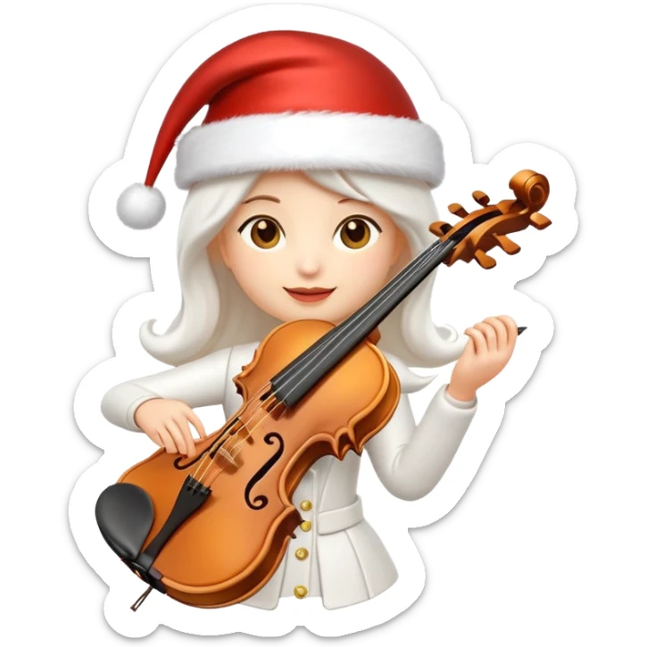 A sleek, elegant, pure white animated violin emoji wearing a festive New Year hat on top, sparkling details, soft glow, premium cartoon style, high resolution, 3D-like shading, cheerful and cute, perfect for Telegram sticker or emoji, minimalistic background sticker