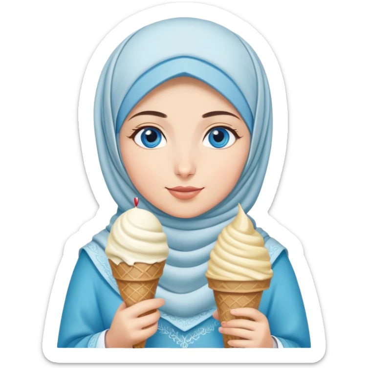 Turkish beautiful finish Konya girl blue eyes with ice cream hijab islamic dress and had on her hand ice cream  sticker