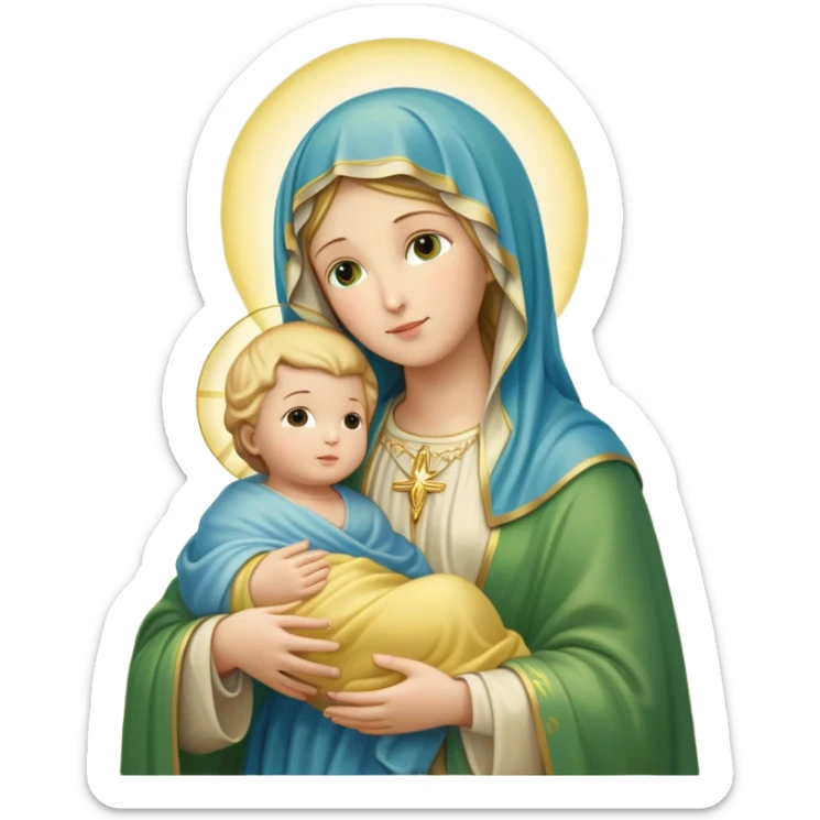 "A highly detailed iOS 18 emoji-style depiction of the Virgin Mary holding baby Jesus. Mary is wearing a green and blue mantle with a soft yellow veil, holding baby Jesus wrapped in a light yellow cloth. Both figures have soft, serene expressions and golden halos around their heads. The background is a glowing golden light with subtle clouds below them. Render in Apple emoji aesthetic — smooth, rounded shapes, bright pastel colors, glossy finish, minimalistic yet expressive, iconic emoji style. Maintain full fidelity to the original pose, colors, and facial features." sticker