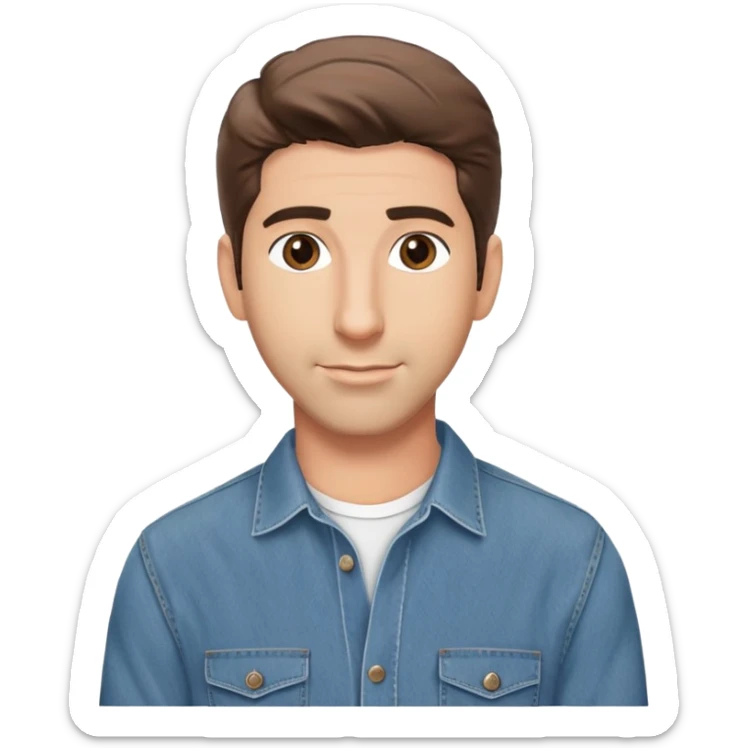 handsome Ross Geller from Friends TV show with well-styled brown hair and attractive features in casual clothes, button-up shirt and jeans sticker