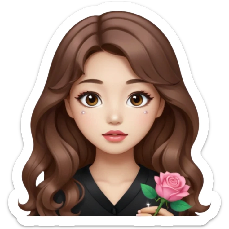 “korean brown hair Emoji girl, soft eyeliner, gradient rose lips, light brown shimmer eyeshadow, sparkly aegyo-sal, long wavy hair,  sticker