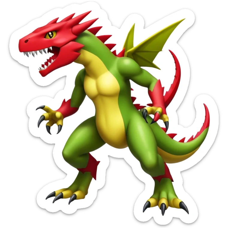 Cool edgy shiny Guilmon-Flygon-Tyranitar-Drudigon-Digimon-hybrid-fusion, yellow belly, full body sticker