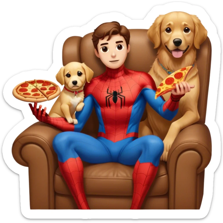 Spider-Man, sitting on a recliner with a pizza in his hand next to a golden retriever sticker