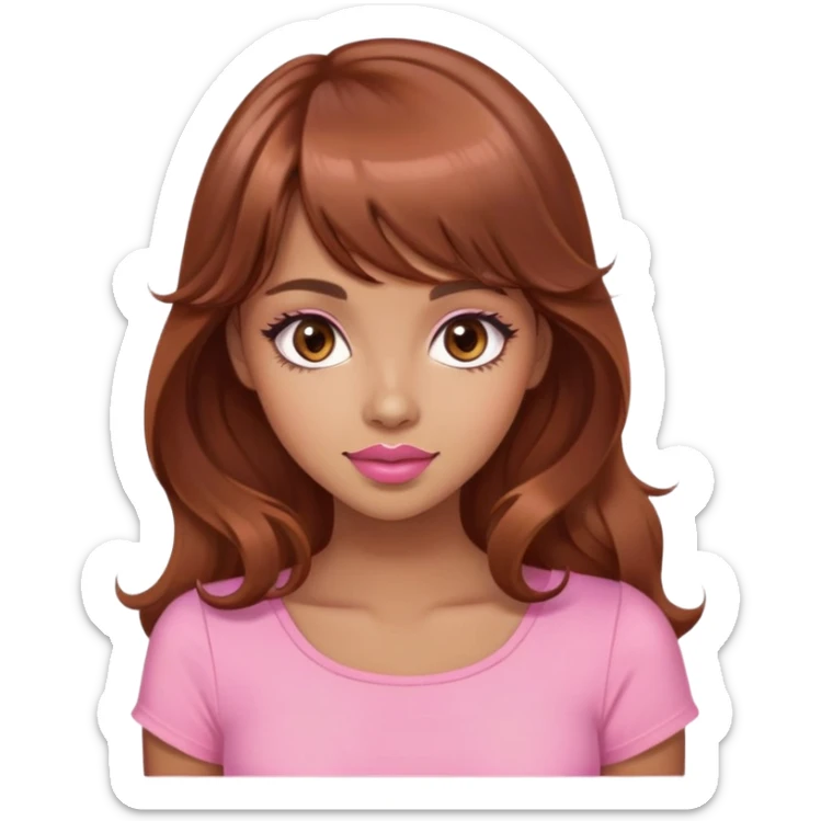cute woman, tan skin, big brown eyes, long wavy auburn hair, bangs, pink top, peachy pink lipstick sticker