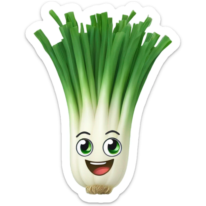 Cheerful green onion with big expressive eyes, a wide smile, and a few green stalks on top. Designed in a cute, cartoonish style with vibrant colors. sticker