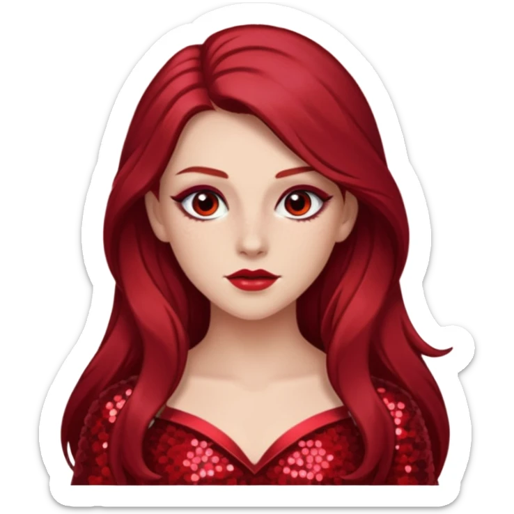 Chappell Roan (b.1998) with long dark red hair, red sequin outfit, makeup sticker