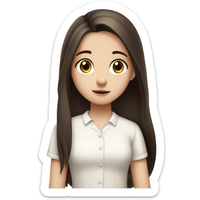 A fair-skinned young girl with blue eyes and long dark brown hair. She is wearing a white blouse and has a facial expression that reflects embarrassment, shyness, and cuteness. Something similar to the "🥹". sticker