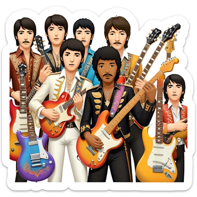 Rock music icon: collage of legendary rock stars—The Beatles, Jimi Hendrix, Elvis Presley, Queen, Nirvana, Led Zeppelin. Electric guitars, amplifiers, and microphones surrounded by vibrant stage lights and musical notes. Transparent background. sticker