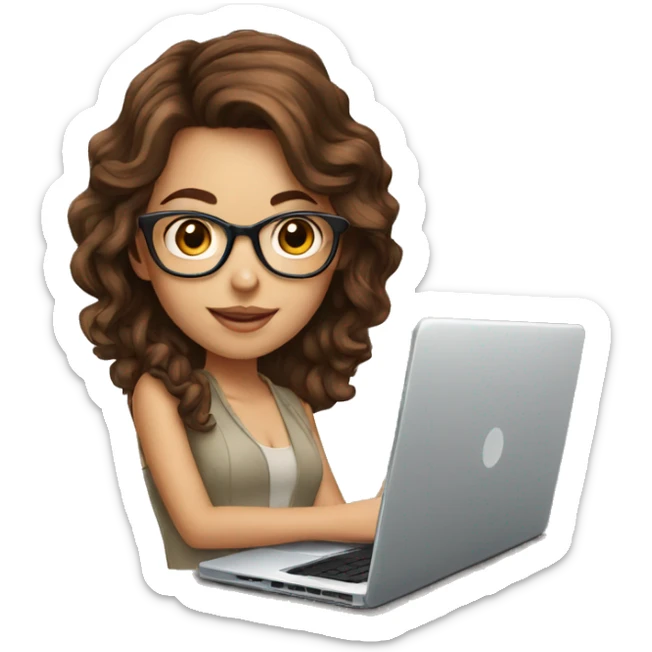 Beautiful girl with brown hair, glasses and laptop sticker