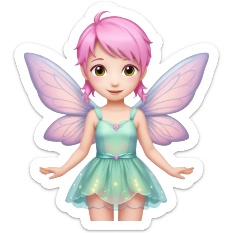 A tiny pastel fairy with pink hair with glowing wings and a sweet smile  sticker