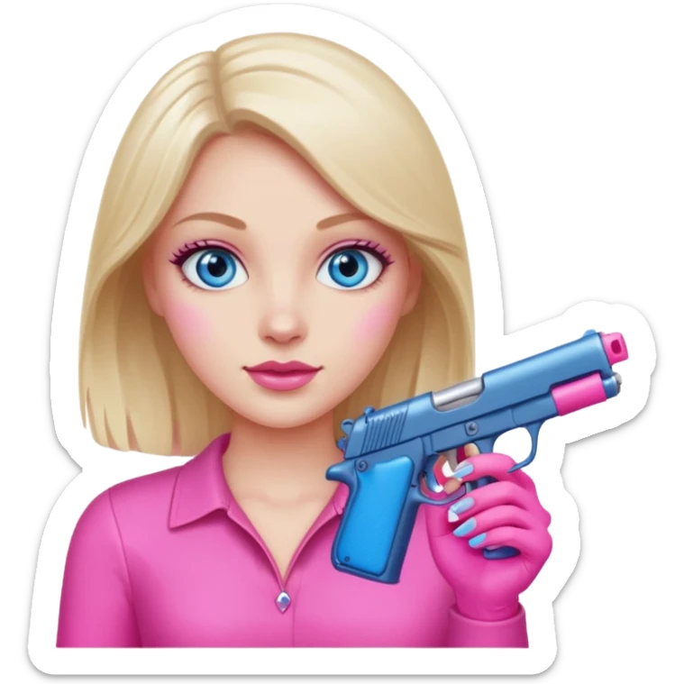 White Girl hand pink nails holding pink gun with blue eyes sticker