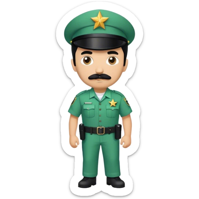 Chill guy in correctional officer green uniform. Full body. Black hair black mustache.  Light brown skin tone. Star badge. With duty belt and baton. sticker
